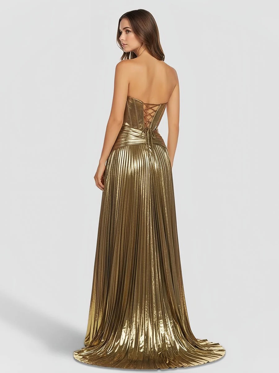 Pleated Sweetheart Metallic Long Formal Dress with Slit