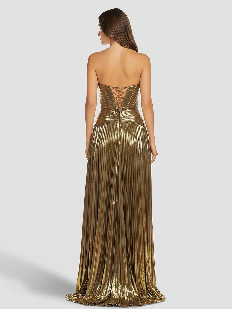 Pleated Sweetheart Metallic Long Formal Dress with Slit
