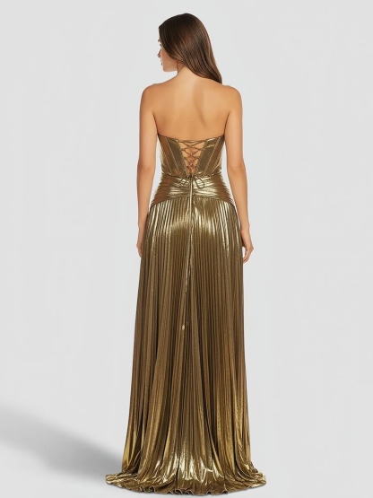 Pleated Sweetheart Metallic Long Formal Dress with Slit