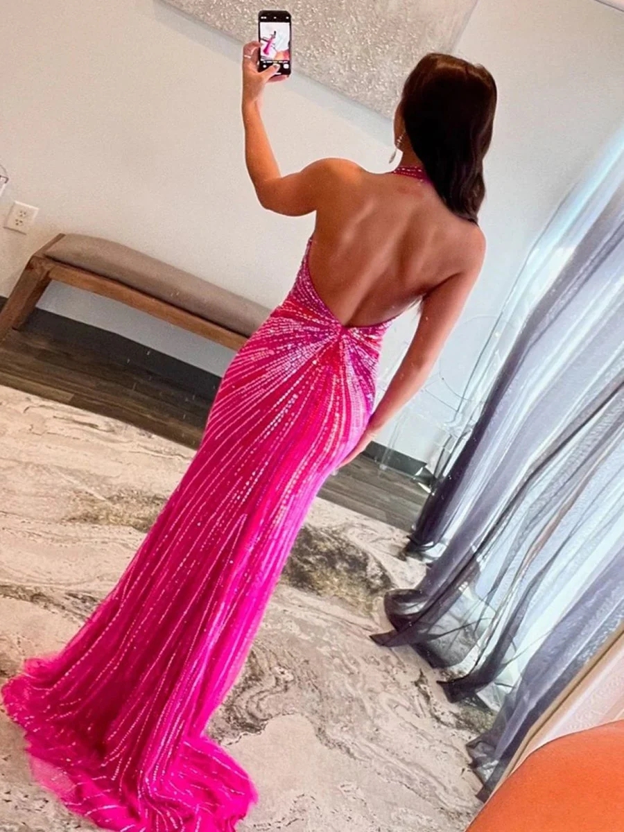 Halter Sequin Maxi Dress Deep V High Slit Formal Gown