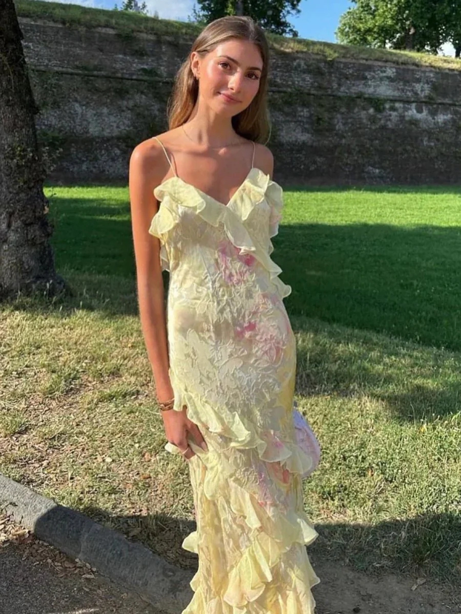 Floral Ruffle Slip Maxi Dresses Spaghetti Straps Bridal Guest Gown