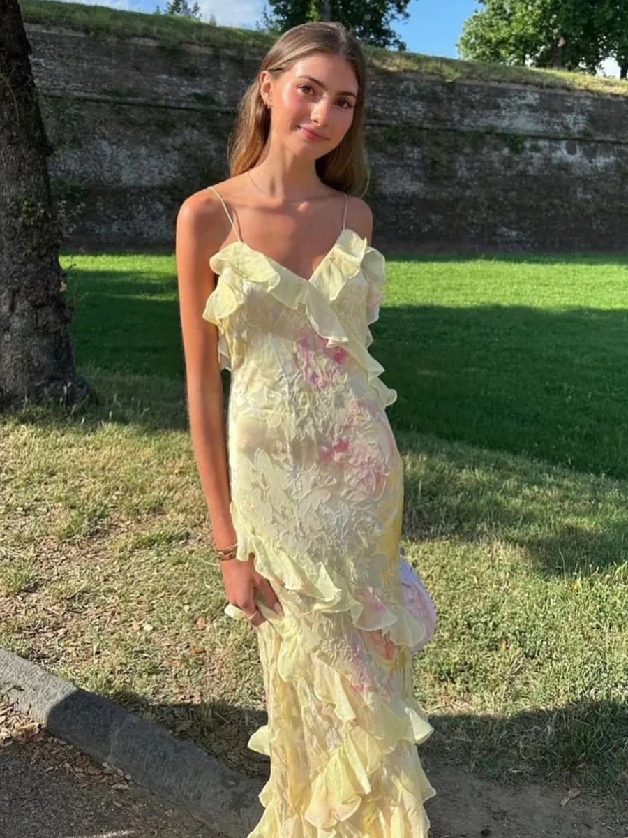 Floral Ruffle Slip Maxi Dresses Spaghetti Straps Bridal Guest Gown