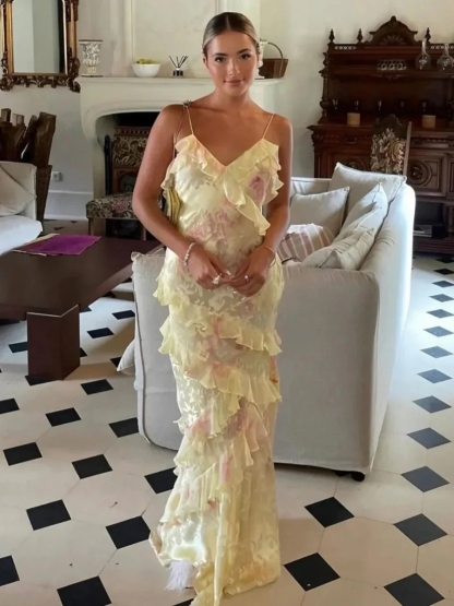 Floral Ruffle Slip Maxi Dresses Spaghetti Straps Bridal Guest Gown