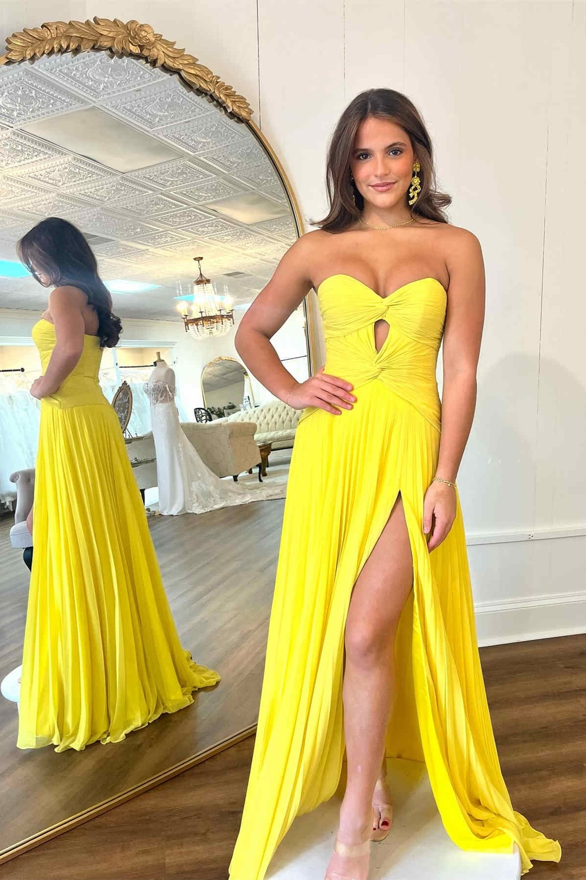 Pleated Strapless Cut Out A Line Prom Maxi Dresses