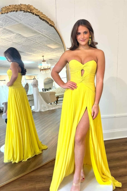 Pleated Strapless Cut Out A Line Prom Maxi Dresses