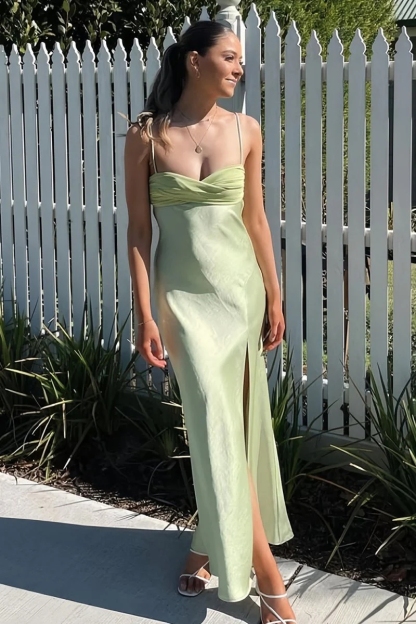 Spaghetti Strap Satin Ruched Corset Maxi Prom Gown with High Slit