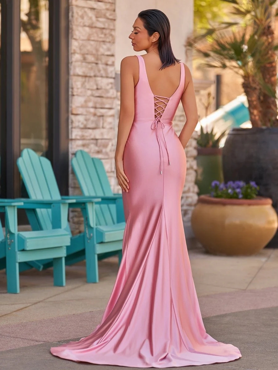 Mermaid V Neck Satin Sleeveless Maxi Prom Dresses