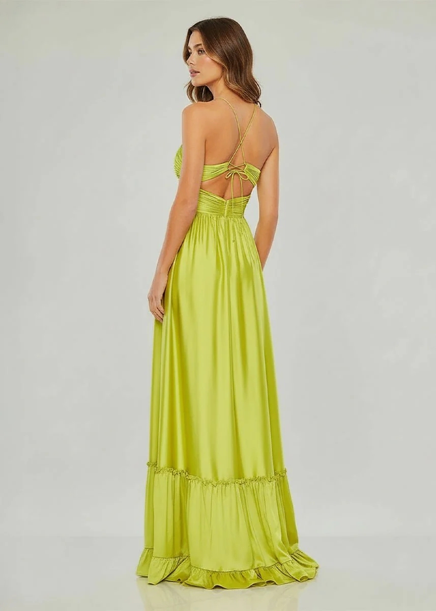 Criss Cross Ruched A Line Halter Sleeveless Maxi Prom Dresses