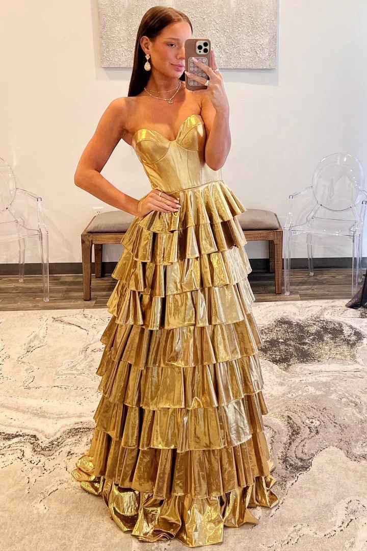 Metallic Gold Strapless Tiered Ball Gown for Special Occasions