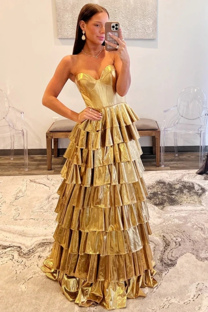 Metallic Gold Strapless Tiered Ball Gown for Special Occasions