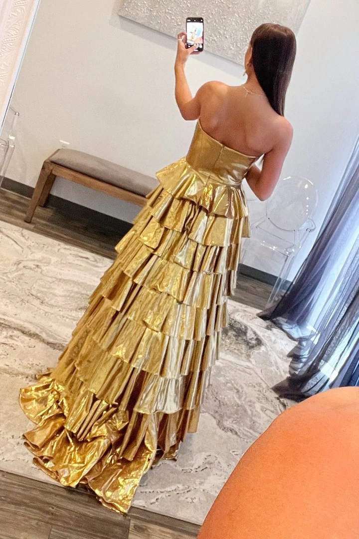 Metallic Gold Strapless Tiered Ball Gown for Special Occasions