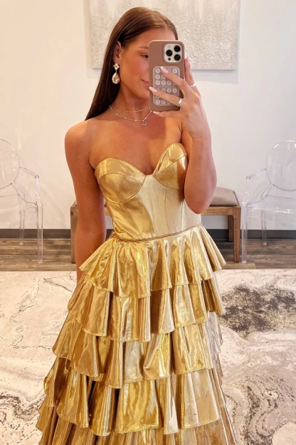 Metallic Gold Strapless Tiered Ball Gown for Special Occasions