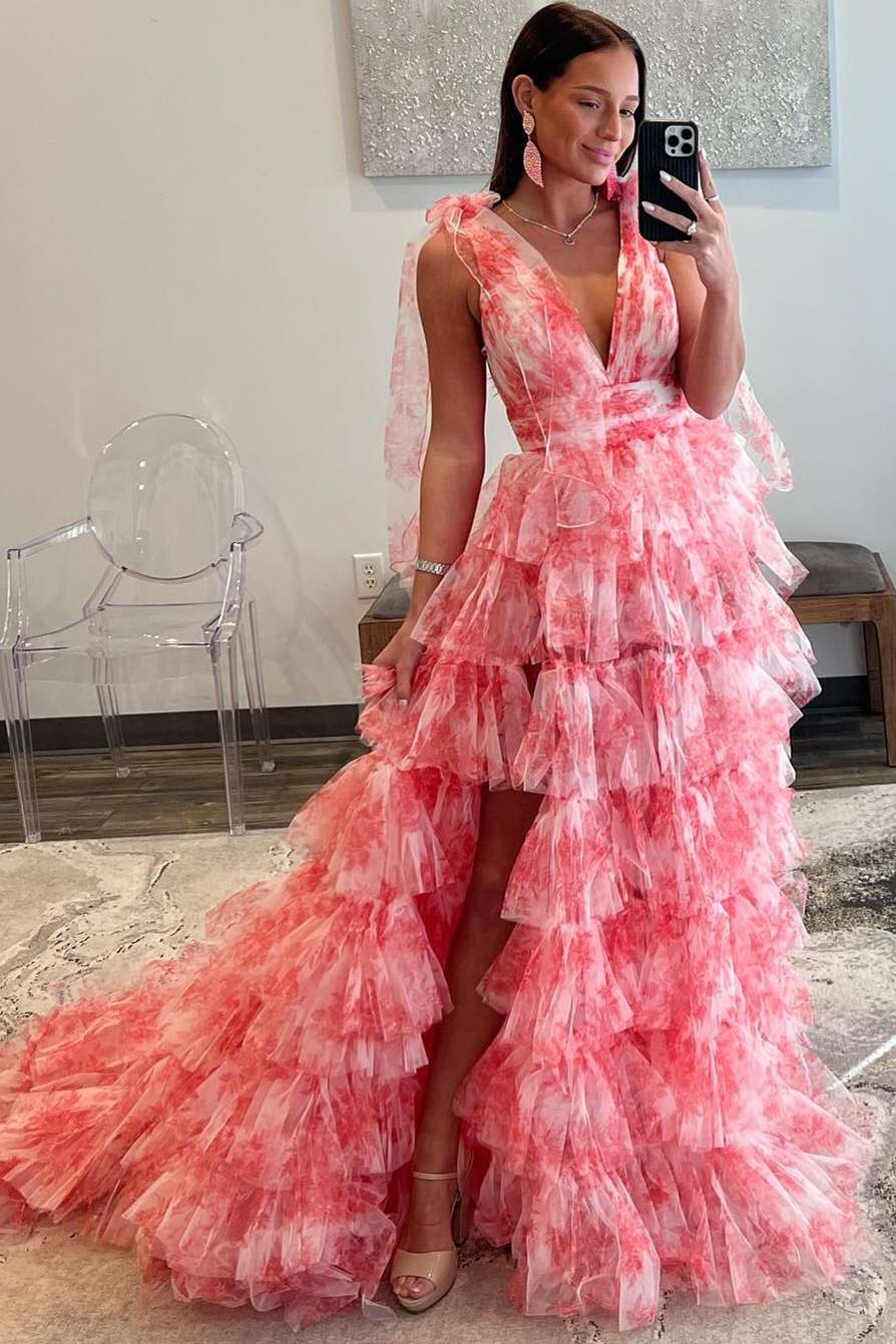 Floral V Neck Corset Gown Tiered Formal Dresses