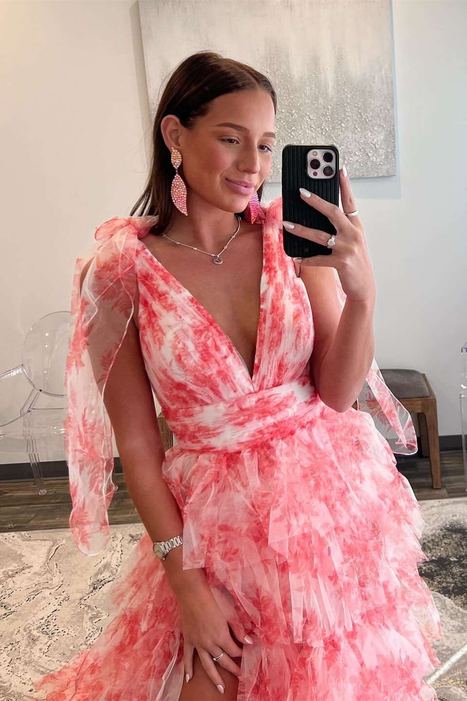 Floral V Neck Corset Gown Tiered Formal Dresses