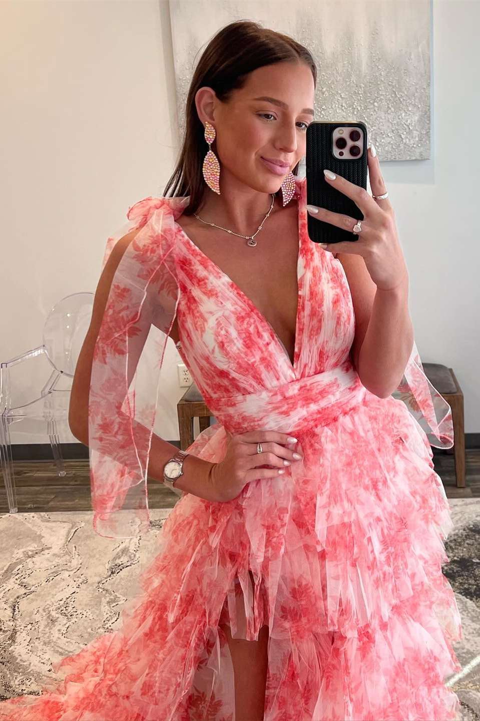 Floral V Neck Corset Gown Tiered Formal Dresses