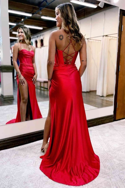 Satin Mermaid Spaghetti Straps Formal Gown with Slit