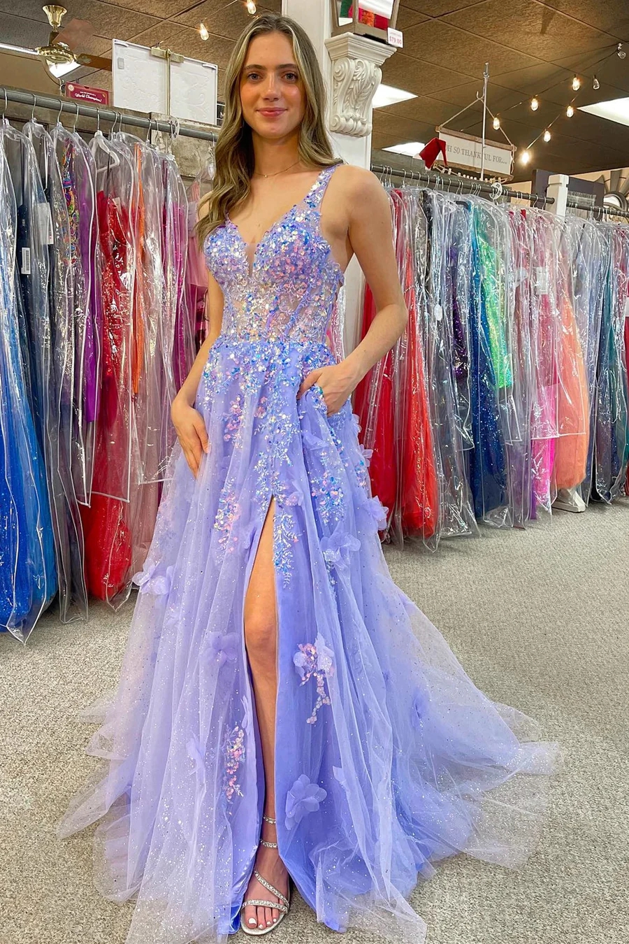 Sequin Tulle Gown 3D Florals Prom Dresses with Slit