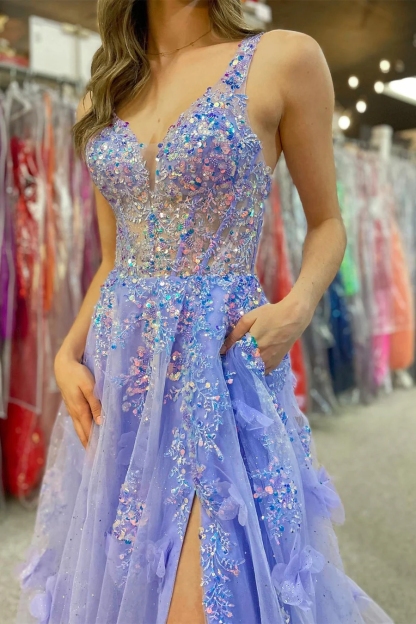Sequin Tulle Gown 3D Florals Prom Dresses with Slit