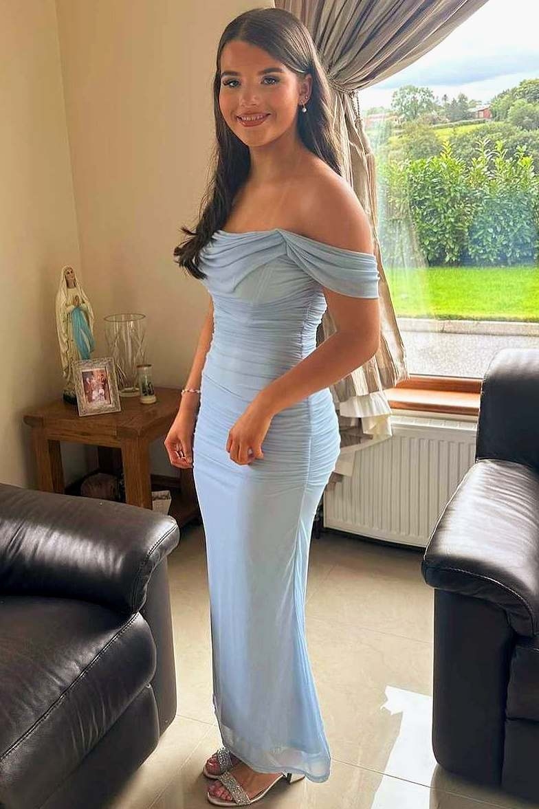 Off Shoulder Ruched Satin Maxi Prom Dresses