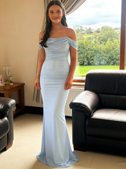 Off Shoulder Ruched Satin Maxi Prom Dresses