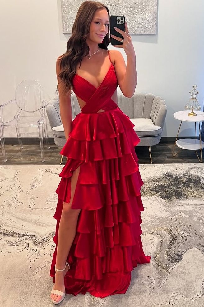 Tiered Ruffled Spaghetti Straps Cutout Maxi Formal Gown