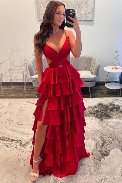 Tiered Ruffled Spaghetti Straps Cutout Maxi Formal Gown