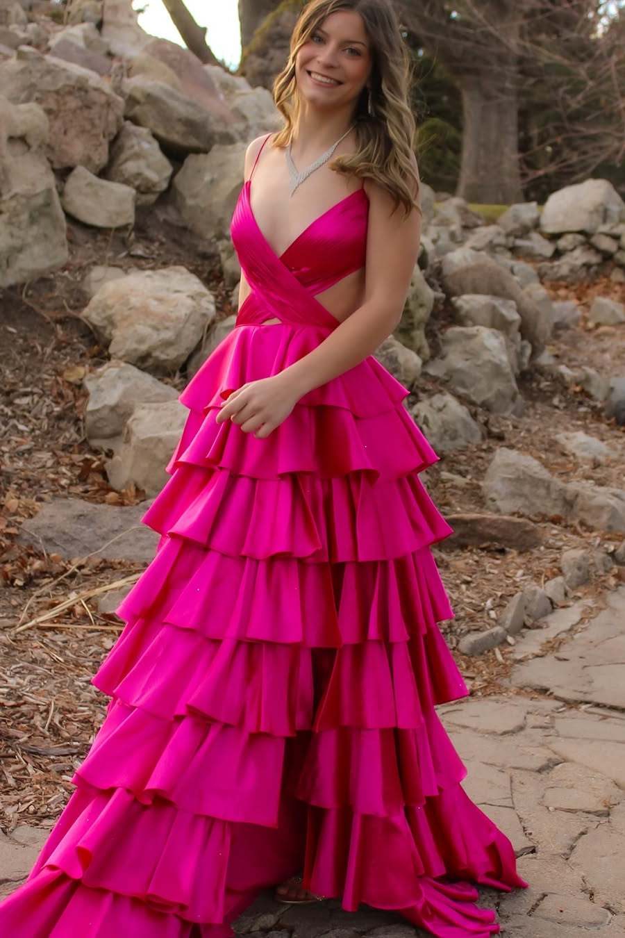 Tiered Ruffled Spaghetti Straps Cutout Maxi Formal Gown