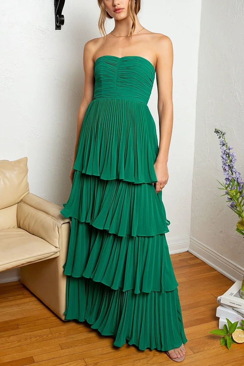 Strapless Tiered Pleated Maxi Dresses for Formal Occasions