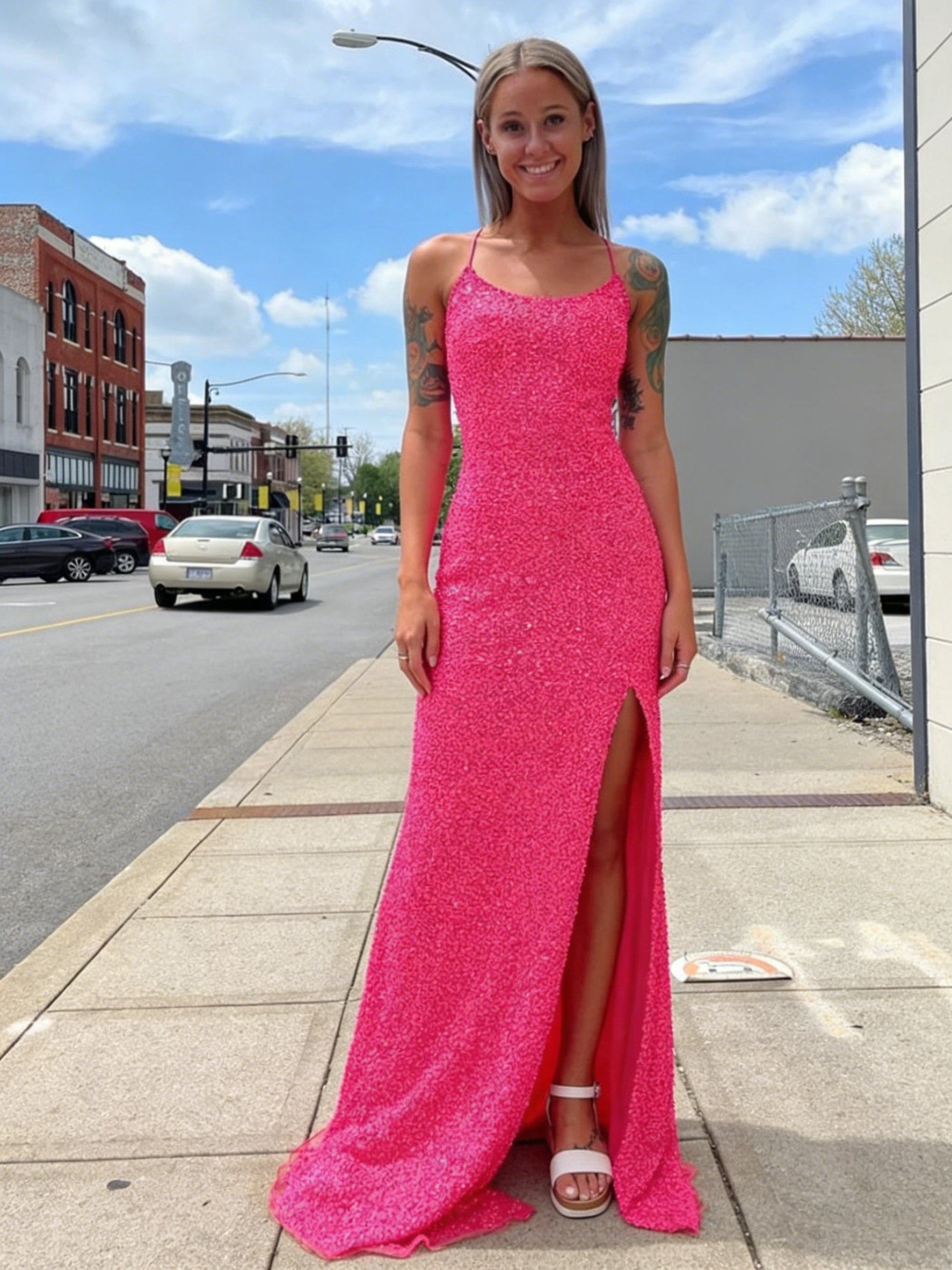 Sparkly Sequin Spaghetti Straps Gown with High Slit