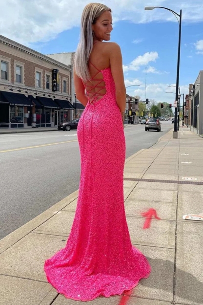Sparkly Sequin Spaghetti Straps Gown with High Slit