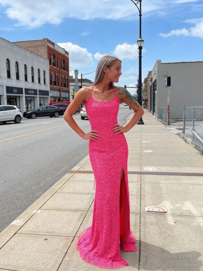 Sparkly Sequin Spaghetti Straps Gown with High Slit