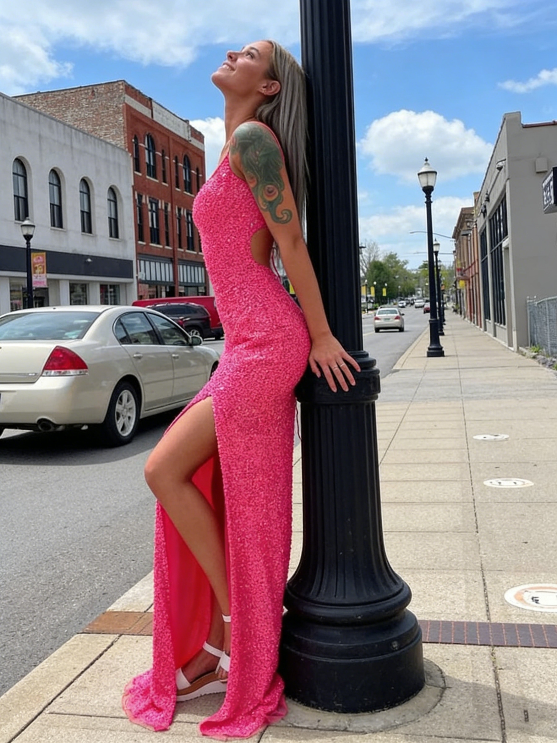 Sparkly Sequin Spaghetti Straps Gown with High Slit