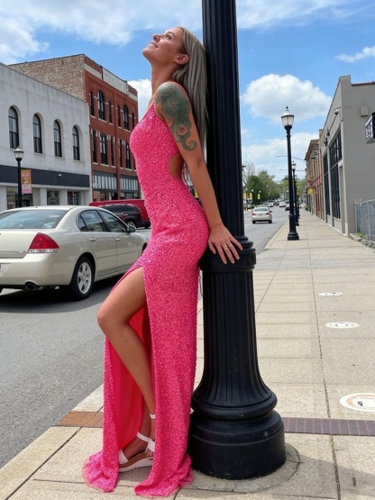 Sparkly Sequin Spaghetti Straps Gown with High Slit