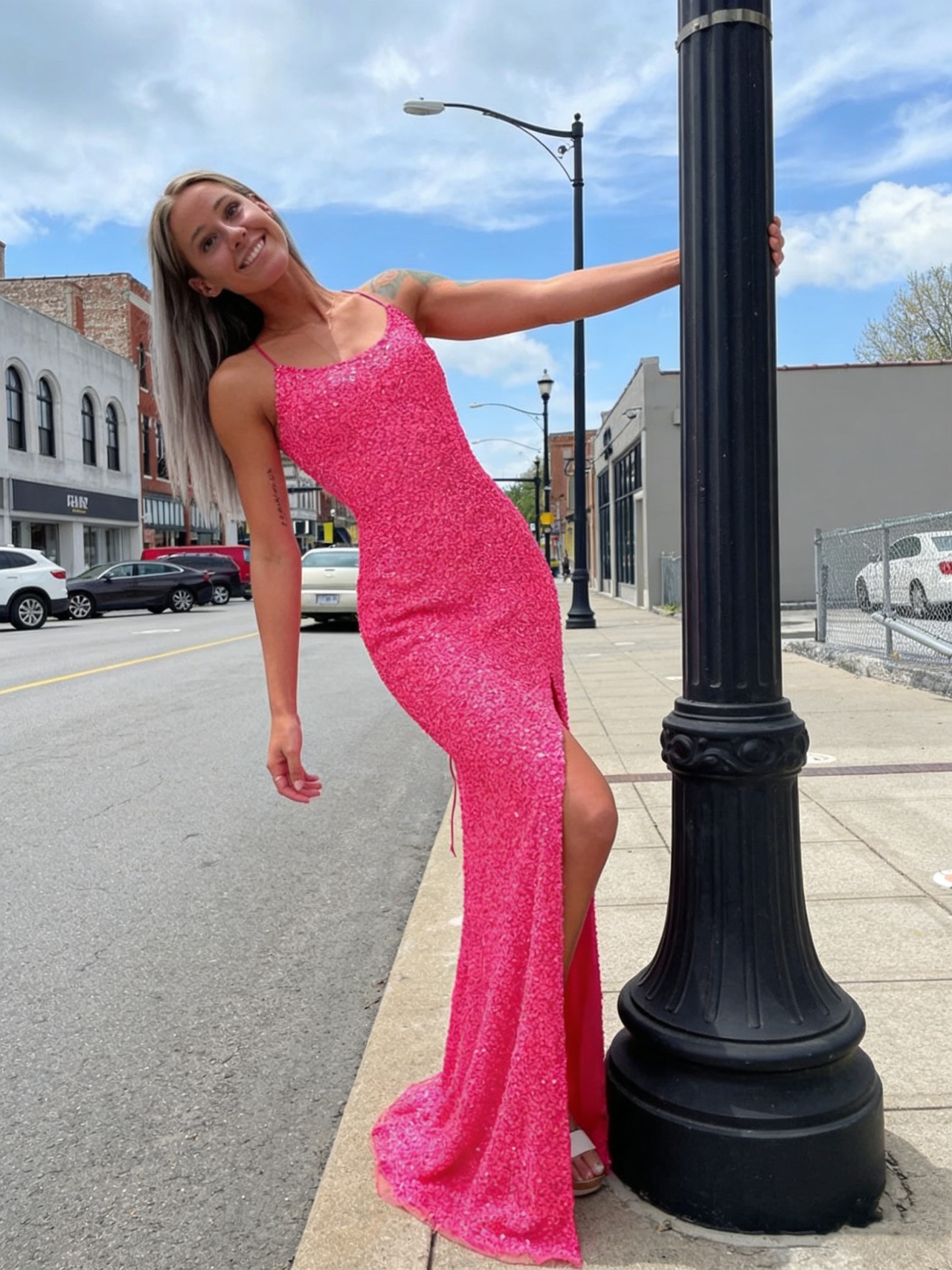 Sparkly Sequin Spaghetti Straps Gown with High Slit