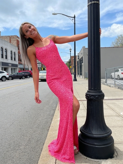 Sparkly Sequin Spaghetti Straps Gown with High Slit
