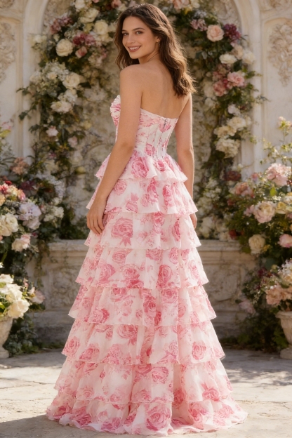 Floral Ruched Corset Gown Tiered Formal Dresses