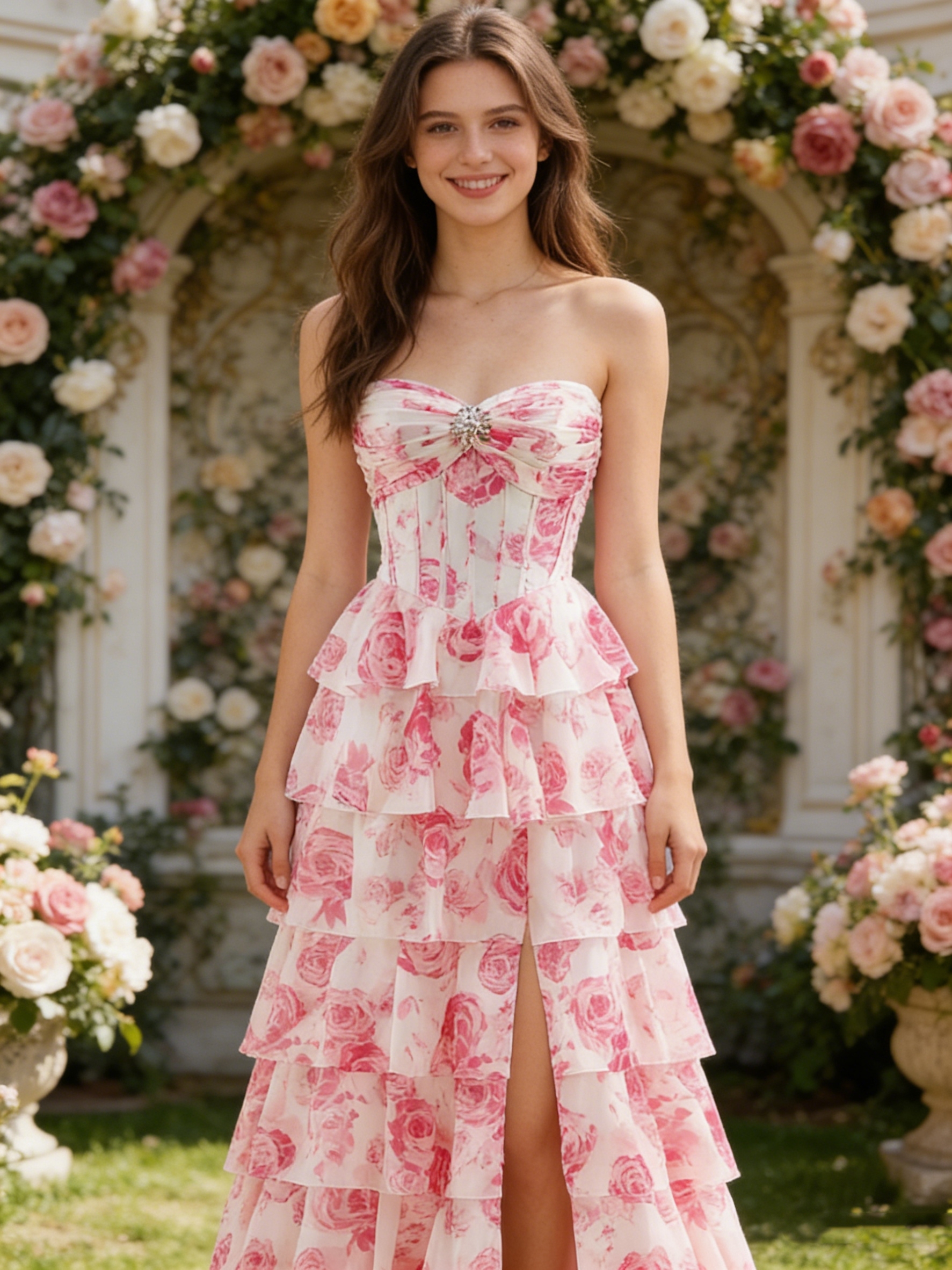 Floral Ruched Corset Gown Tiered Formal Dresses