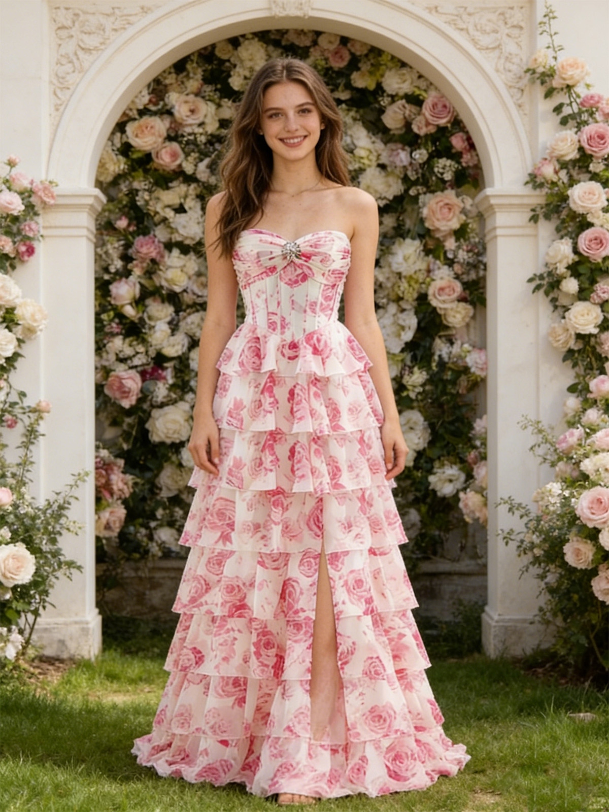 Floral Ruched Corset Gown Tiered Formal Dresses