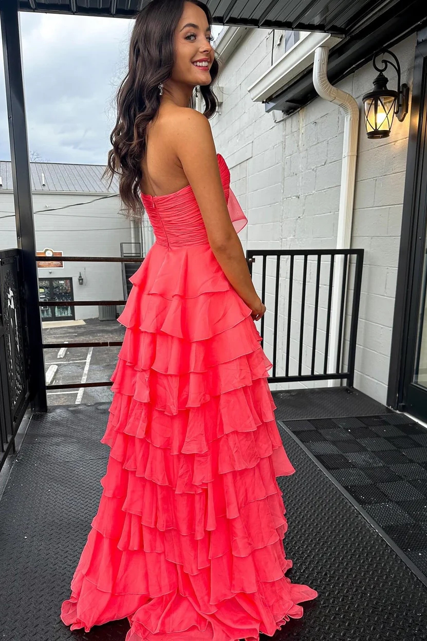 Tiered Chiffon Strapless Prom Party Dresses with Pockets
