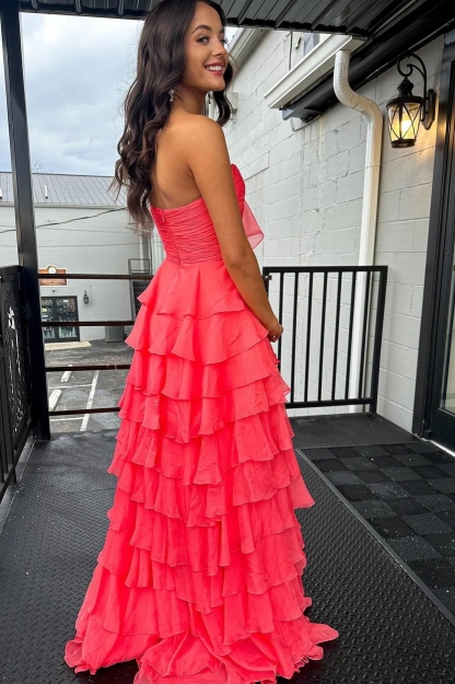 Tiered Chiffon Strapless Prom Party Dresses with Pockets