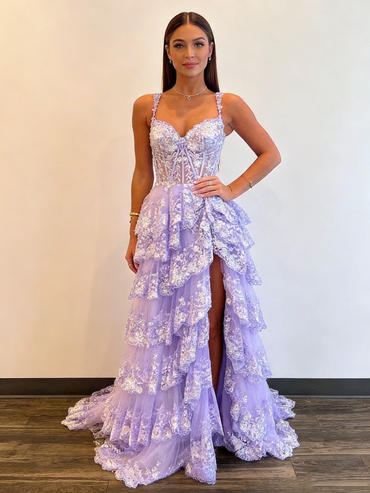 Lace Jacquard Spaghetti Straps Tulle Tiered Prom Dresses with Slit