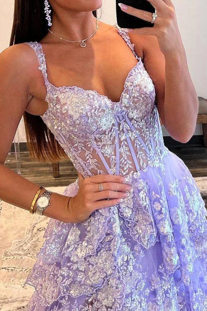 Lace Jacquard Spaghetti Straps Tulle Tiered Prom Dresses with Slit
