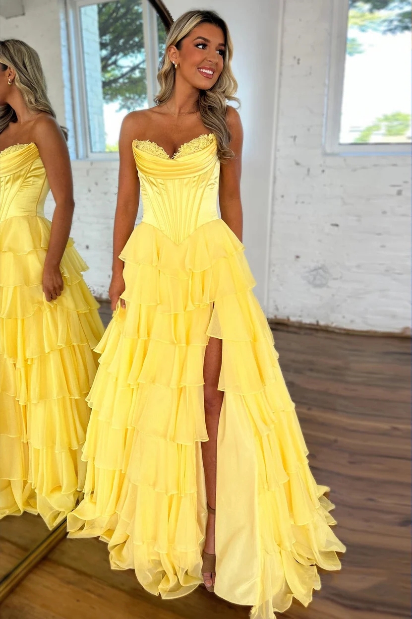 Tiered Chiffon Strapless Prom Dresses with Pockets