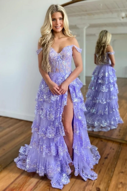 Applique Tulle Off Shoulder Prom Evening Dresses with Slit