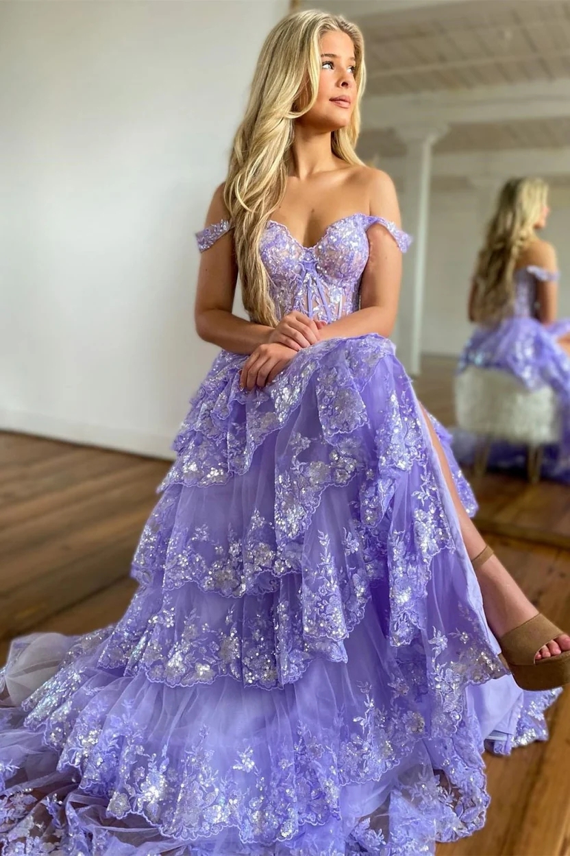 Applique Tulle Off Shoulder Prom Evening Dresses with Slit