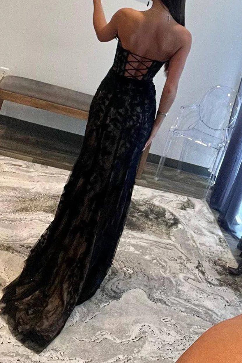 Jacquard Tulle Strapless Prom Party Dresses with Slit