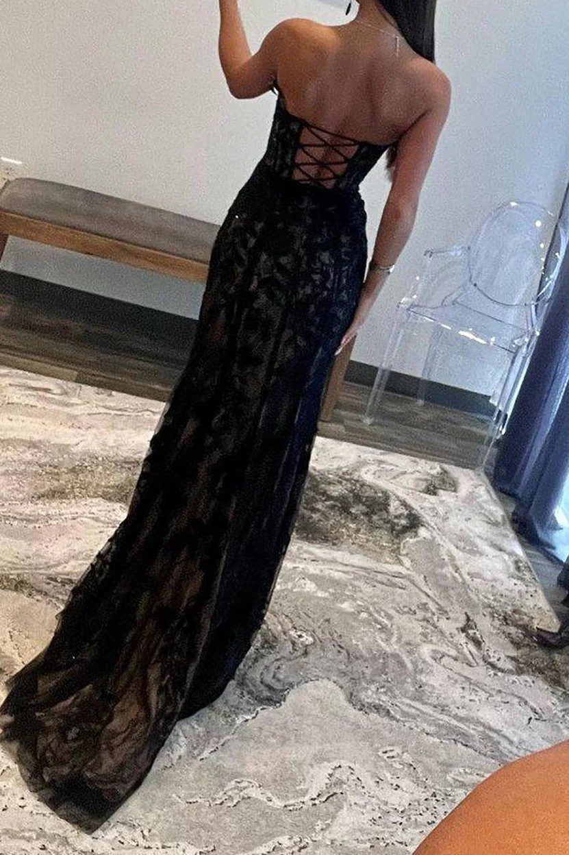 Jacquard Tulle Strapless Prom Party Dresses with Slit