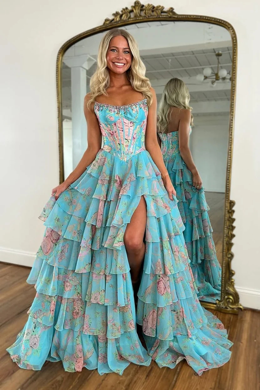 Floral Chiffon Strapless Prom Dresses with Slit