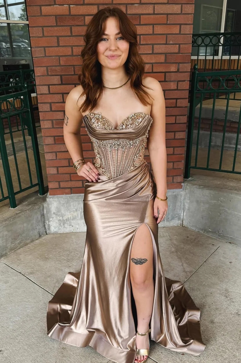 Mermaid Satin Strapless Prom Party Dresses with Slit