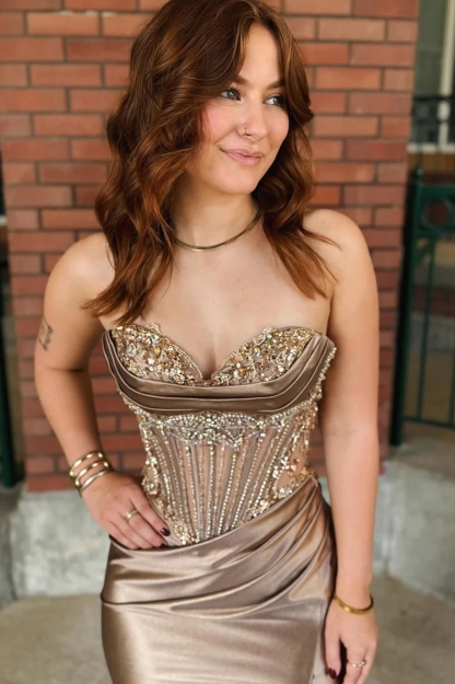 Mermaid Satin Strapless Prom Party Dresses with Slit